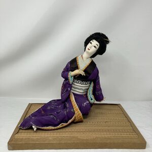 Vintage Geisha Doll Reclining Japanese Figurine Kimono On Stand